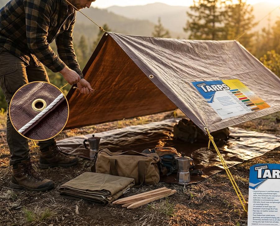 Brown tarp secured over construction materials at a job site