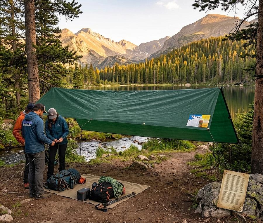 Green tarp covering firewood in a garden