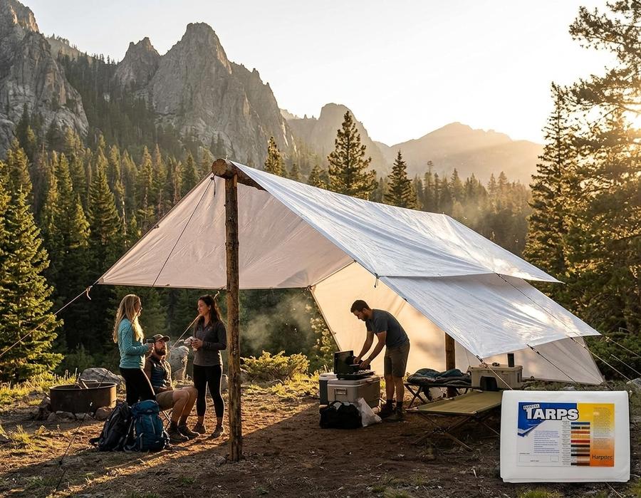 White tarp covering an RV for winter storage