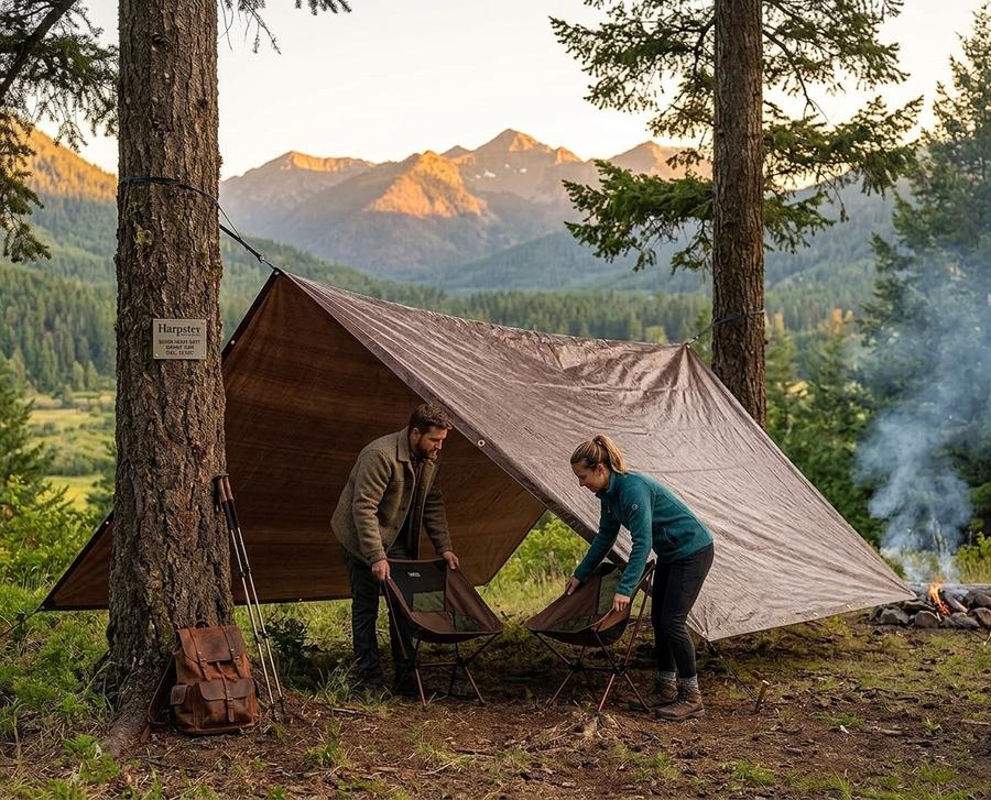 Heavy duty brown tarp covering a woodpile in winter