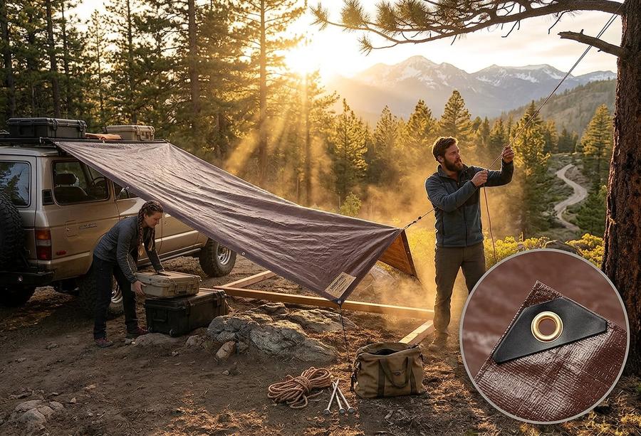 Brown tarp protecting lumber at a construction site