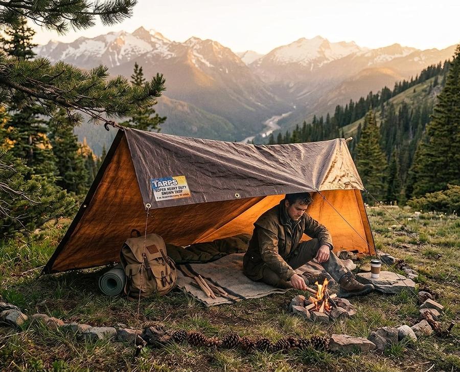 Brown tarp covering a woodpile in a backyard