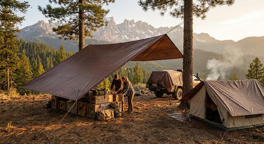 Brown tarp covering a book swap shelter