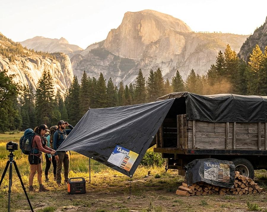 Black tarp used as light-blocking wall